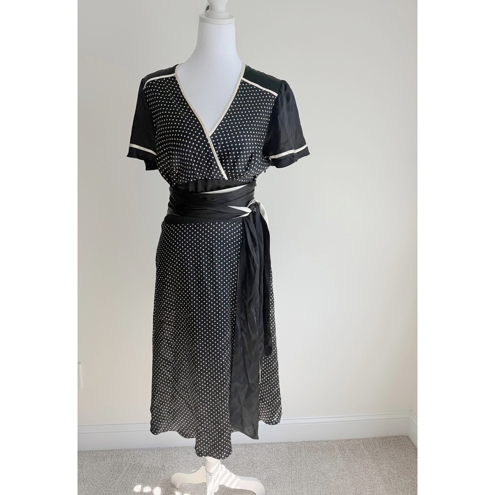BCBG Women's Polka Dot Silk Wrap Midi Dress Size Small Sash Tie Vintage Inspired